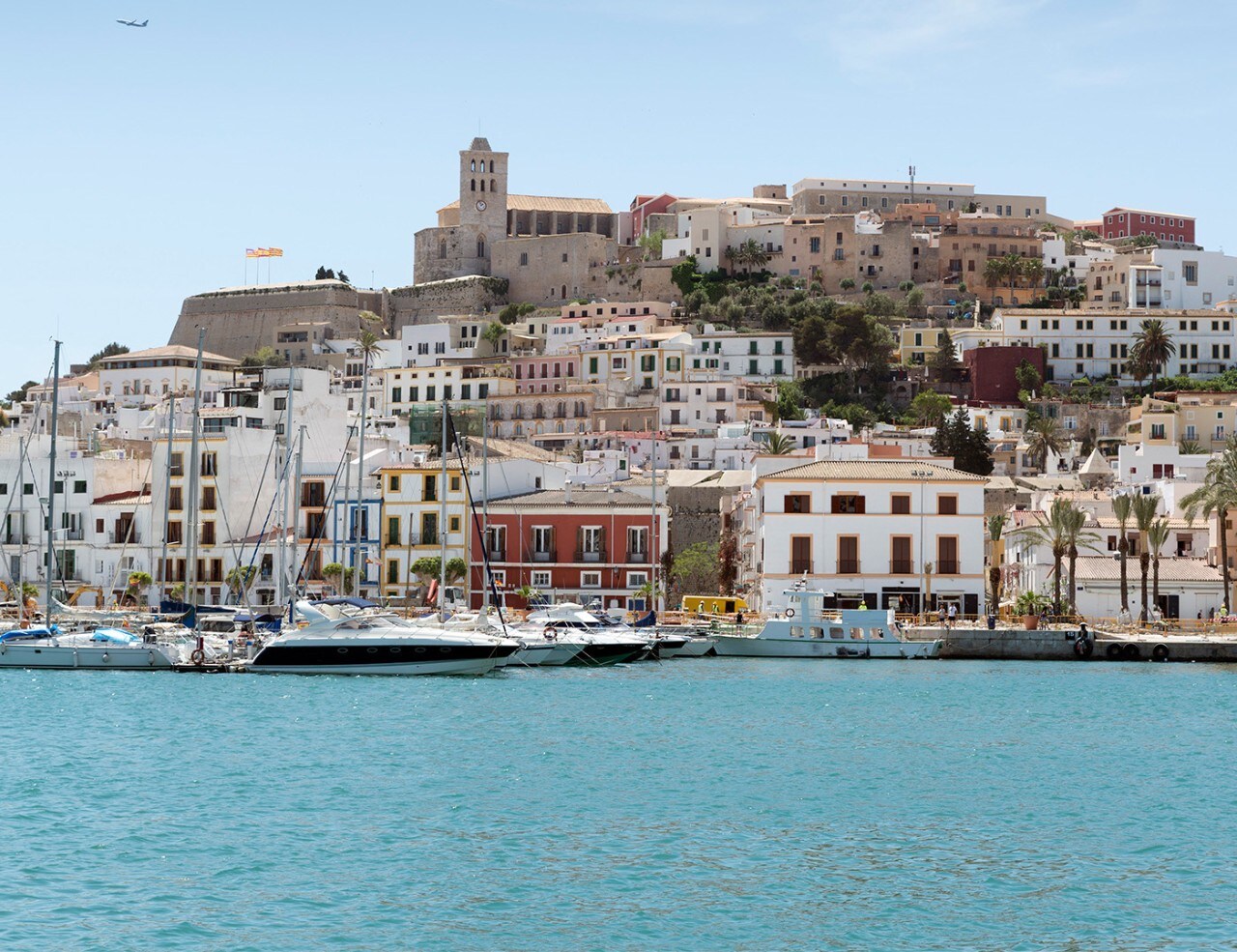 View of Ibiza town from the sea with Dalt Vila on the top of the hill